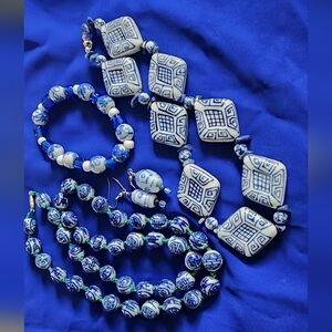 4pc Lot Handpainted Porcelain Shou Beaded Necklace,Braclet & Earrings